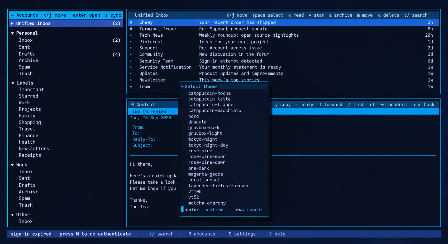 TideMail running in a terminal